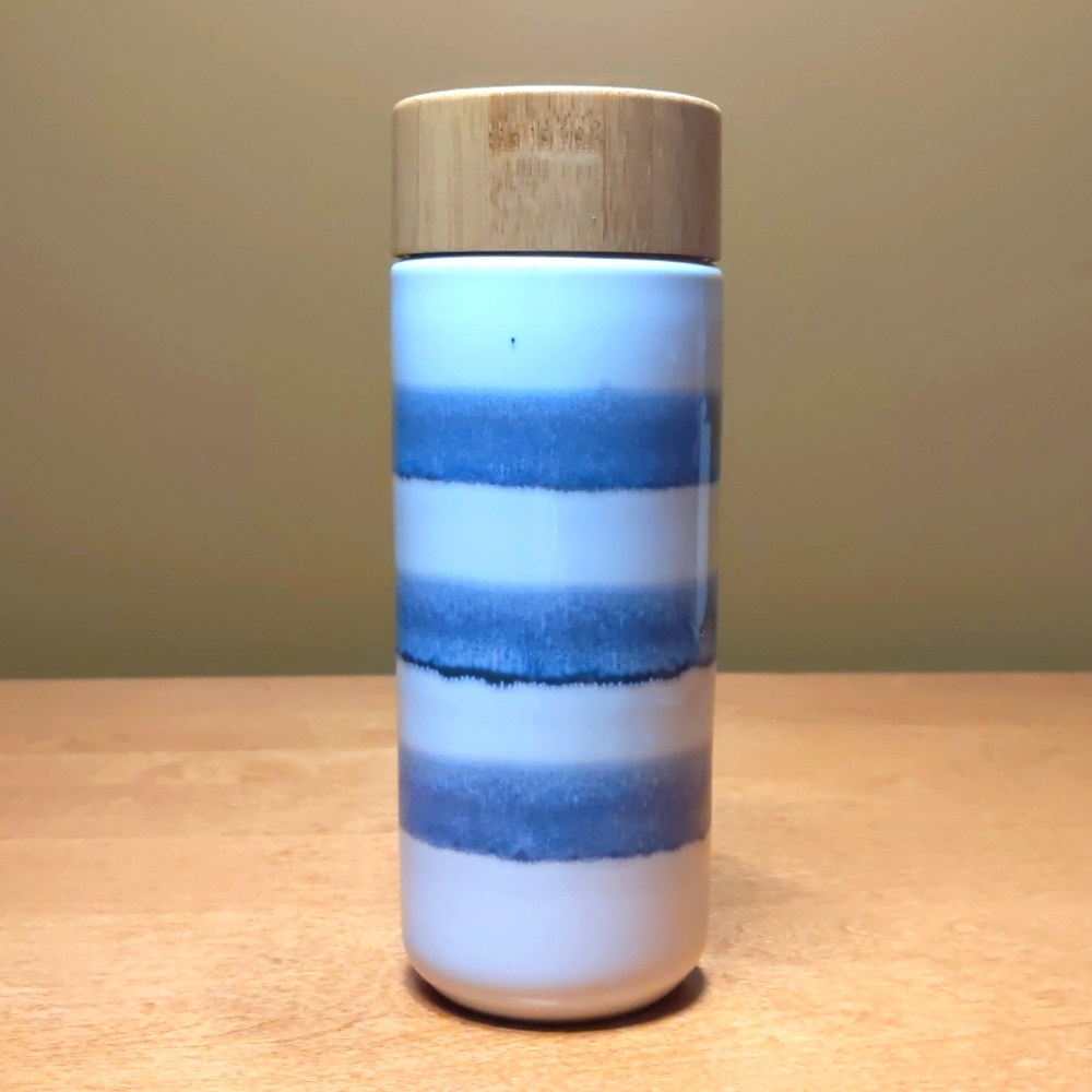 White and Blue ceramic thermos